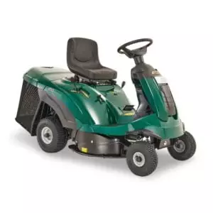 Front view of ATCO Rider 28H. A small but powerful ride on mower with colecting.